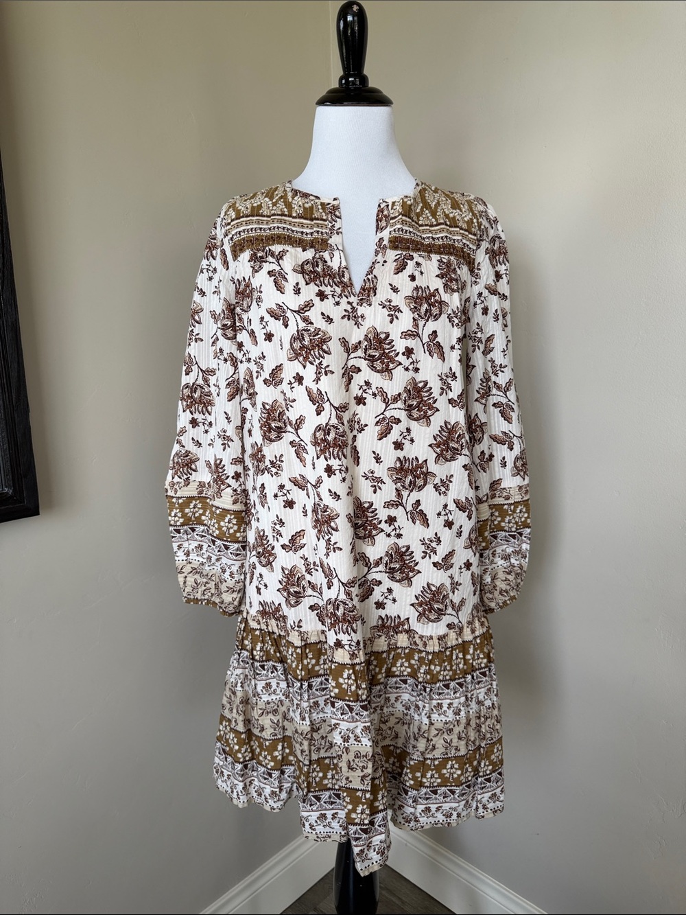 LOFT Cream and Brown Floral Long-Sleeve Tiered Dress